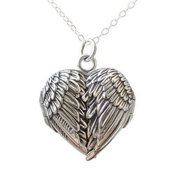 Sterling Silver Angel Wing Heart Locket Necklace 18" Chain