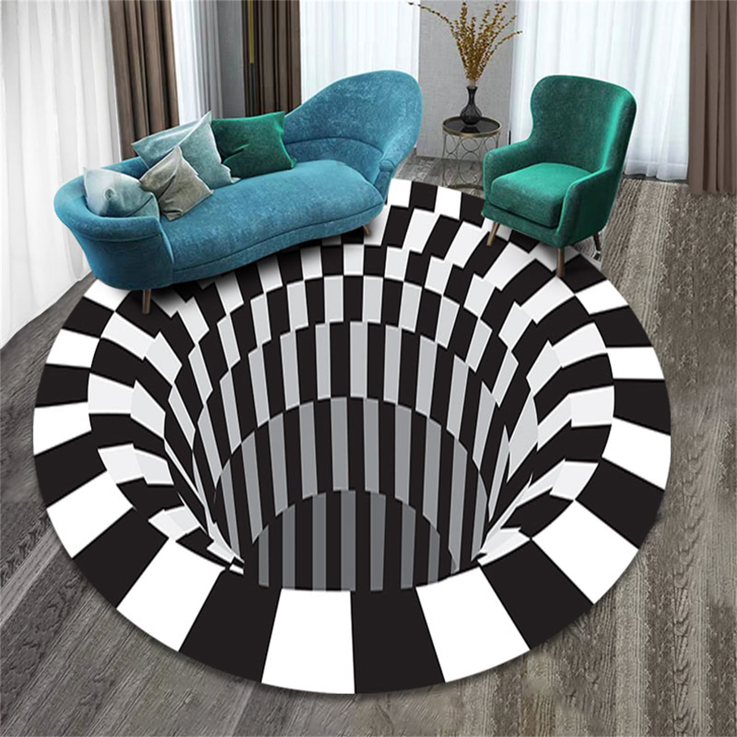 Home Rug Living Room Vortex Illusion  Hallway Rugs Black White Grid Print 3D Rug 