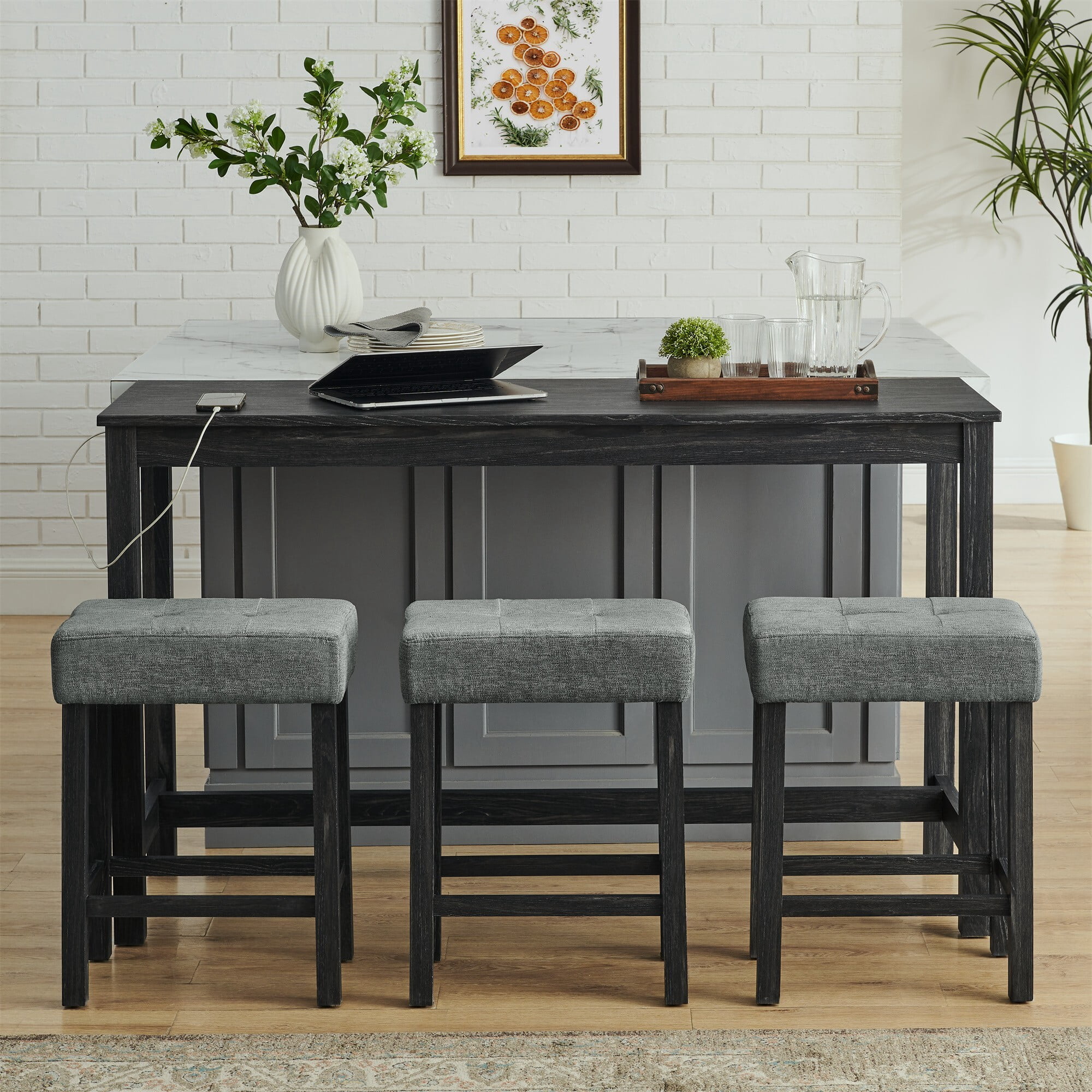 DEALTOPS 4-Piece Bar Table Set with Charging Station, 59" Counter Table with 3 Soft Stools for Small Space, Black