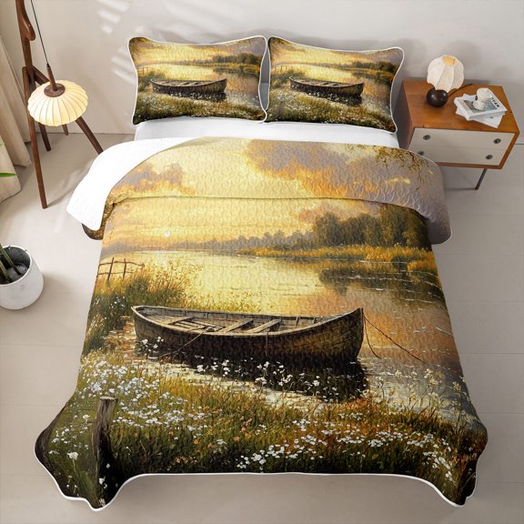 Feelyou Wildflower Boat Twin Quilt Set for Men Women, Forest Lake Country Outdoor Nature Twin Coverlet Set, Gold Yellow, 2pcs