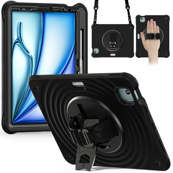 Zenrich Ripple Case for iPad Air 11 (M3) 2025/ iPad Air 6th Generation (M2) 11-inch 2024, 360° Rotating Kickstand with Hand Strap, Shoulder Strap, Screen Protector, Rugged Shockproof Cover-Black