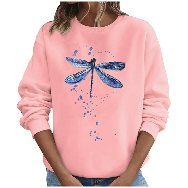 Penkiiy Blouses pour Femmes Hauts d'Automne Manches Longues Chandail Ample Chemise Décontractée Imprimé Poitrine Col Rond Chandails en Molleton Rose Vêtements Y2K