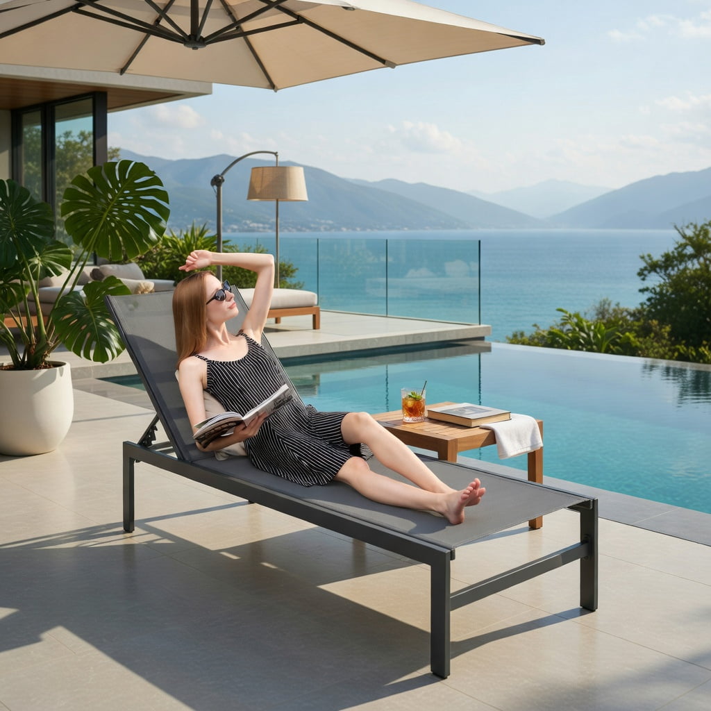 Hommoo 6-Position Adjustable Aluminum Chaise Lounge Chair, Rustproof, Lightweight, Flat-Lay Design for Patio, Poolside & Backyard, Gray