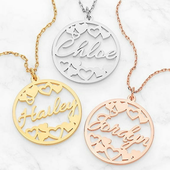 Personalized Planet Cutout Name and Hearts Disc Necklace ,Women's