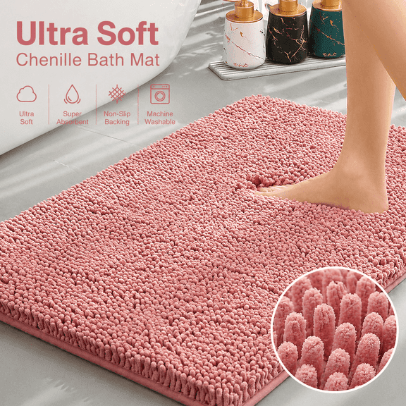 Extra Thick Chenille Bath Mat, Ultra Soft Absorbent Bathroom Rug, Non-Slip Backing, Quick Dry Plush Shower Floor Mat, Machine Washable, Luxury Spa Mat for Bathroom, Tub & Sink