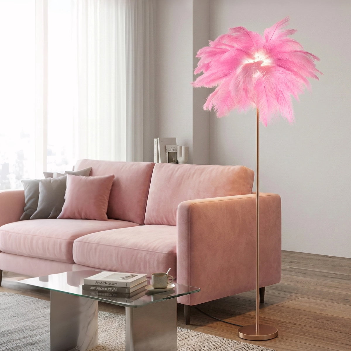 Feather Floor Lamp for Living Room, Fluffy Ostrich Feathers Lamp, Rose Gold Color Body with 5 standard G4 Bulbs - Pink