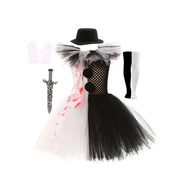 Gupgi 2-12 Years Girls Clown Outfit, Halloween Party Cosplay Tulle Dress+Polyester Knife+Socks+Gloves Hairpin