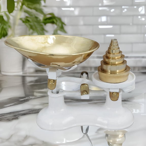 Renovators Supply Antique Kitchen Decor Counter Weight Scale w/Brass Bowl and Counter Weights for Decoration Purposes