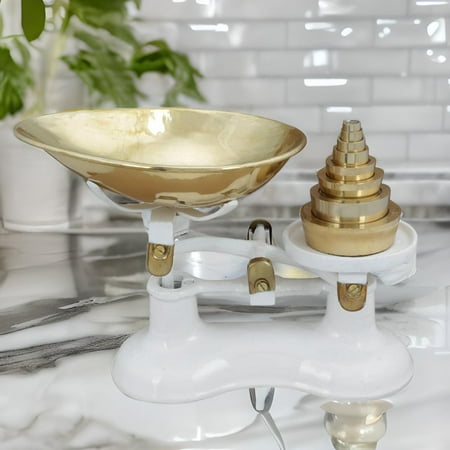 

Renovators Supply Antique Kitchen Decor Counter Weight Scale w/Brass Bowl and Counter Weights for Decoration Purposes