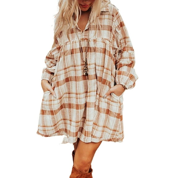 Women's Brown Plaid Print Frilled Babydoll Mini Dress with Side Pockets - [ZhiHiMeRi] | (US 12-14)L