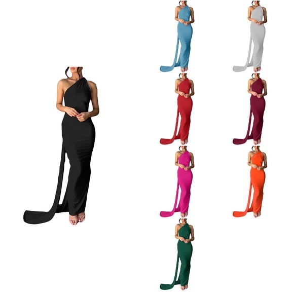 Antinious Ladies Summer Dress,Formal Party Dresses for Women,Wedding Guest Dresses for Women Solid Hanging High Slit Sleeveless Formal Evening Dresses,Orange,L