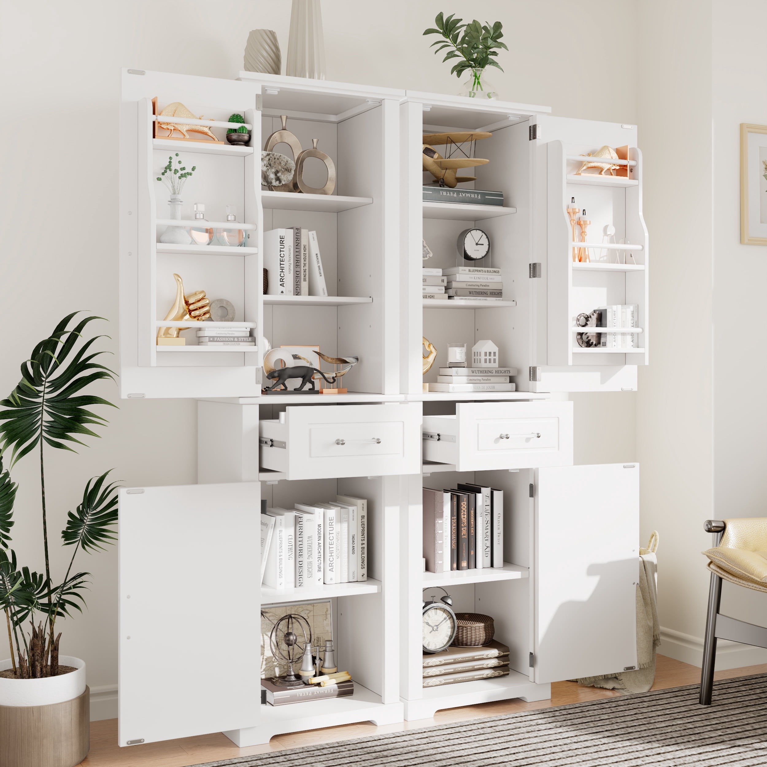 Euroco Tall Storage Cabinet with Adjustable Shelves, Drawers and Anti-Tip Kit, Acrylic Handles, Waterproof MDF