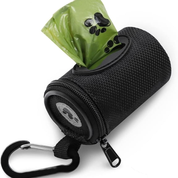 Portable Pet Poop Bag Dispenser for Dogs and Cats, Waterproof Mini Cylinder Waste Bag Holder with Clip, Dog Collar and Leash Attachment Accessory A#061 Black