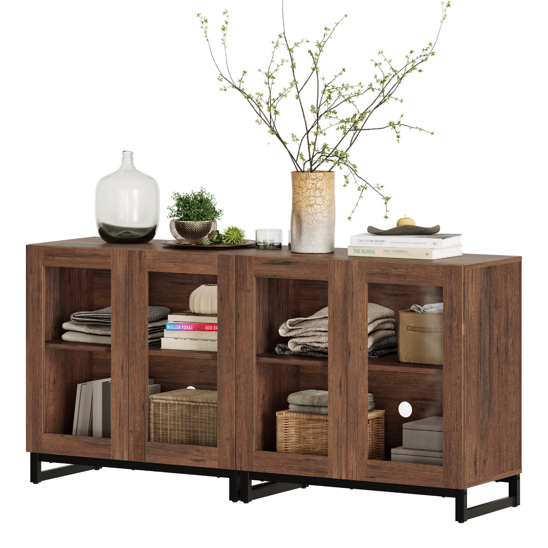 WAMPAT 63 Inch TV Stand with Glass Doors for 32-70 inch TVs, Modern Entertainment Center TV Console with Adjustable Shelves for Living Room, Bedroom, Brown