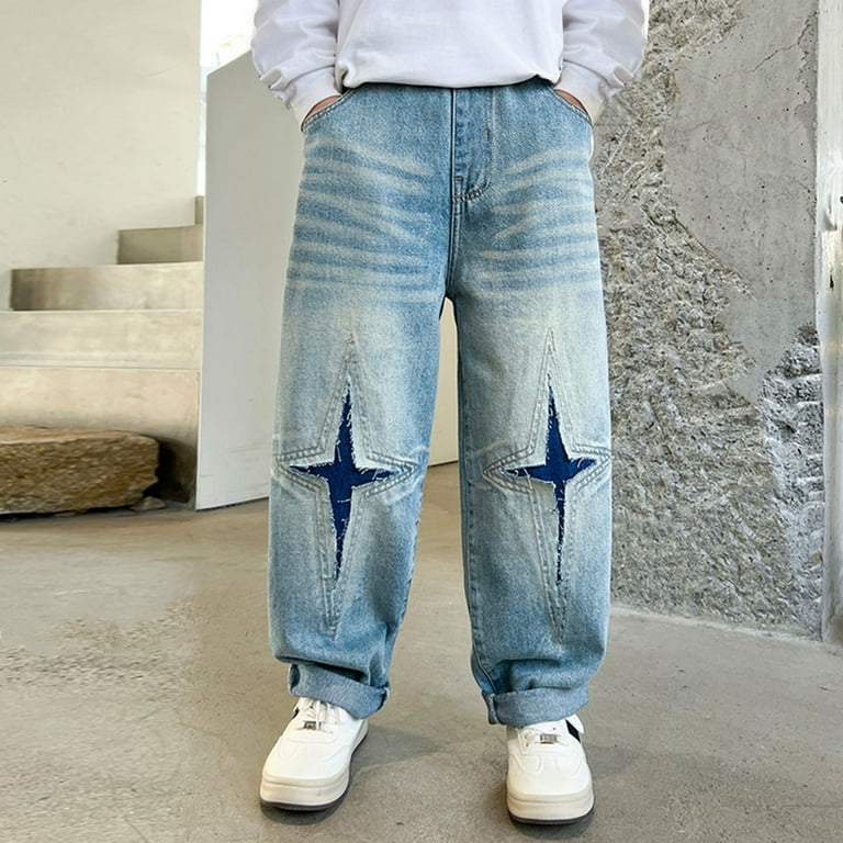 XXWXYD Boys' Star Print Pull-On Jeans - Baggy Wide Leg Denim Pants