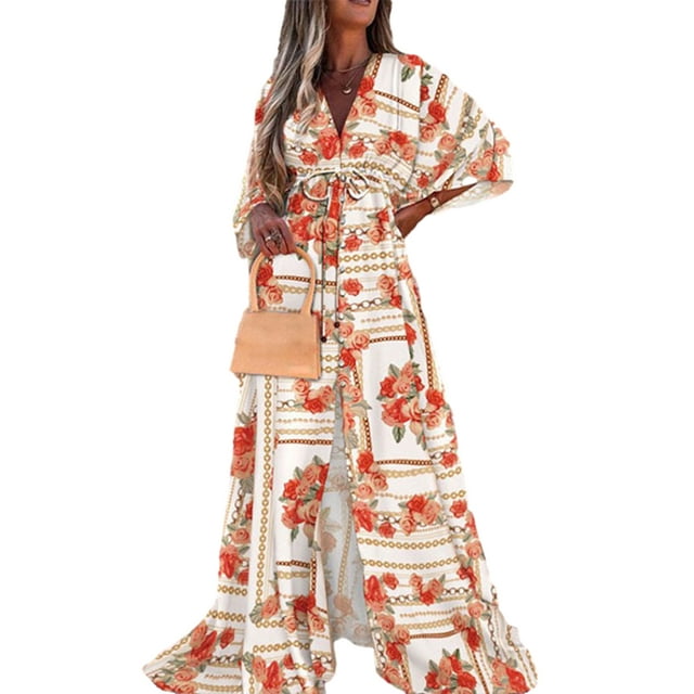 xiaxaixu Robe Décontractée pour Femme Été à Imprimé Floral Coupe Ample Col en V Boutonnée Fente Haute Longue Robe de Plage