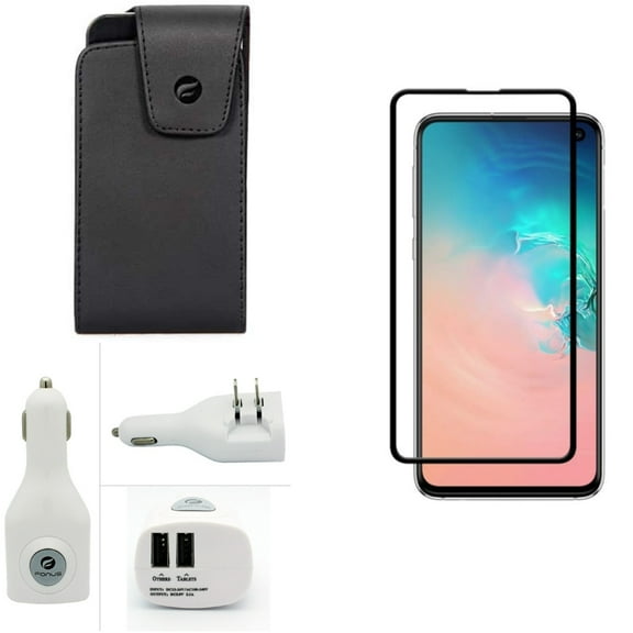 Galaxy S10e Car Home Charger w Screen Protector w Case Belt Clip - 2-Port USB 2-in-1 Power, Tempered Glass 5D Curved Edge, Leather Swivel Holster for Samsung Galaxy S10e Phone