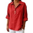 thumbnail image 2 of DENGDENG 3/4 Sleeve Linen Tops for Women Casual Button V Neck Collared Tunic Summer Spring Boho Blouses Outfits, #01 Red XL, 2 of 7