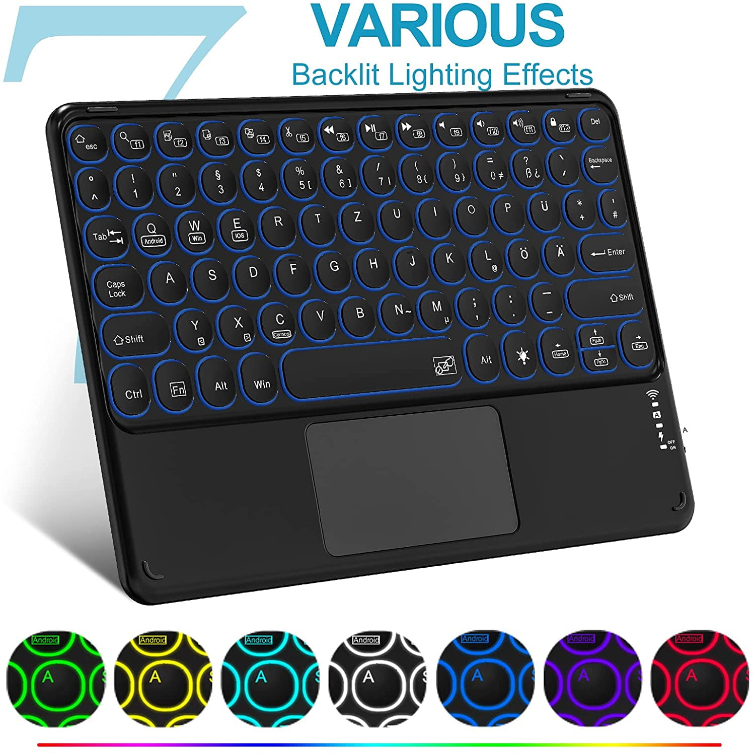 Multi-device Bluetooth Keyboard with Touchpad, Rechargeable Portable Wireless Tablet Keyboard with Touchpad and 7-color Backlight Compatible with IPad, IPhone, IOS Android Windows (black)