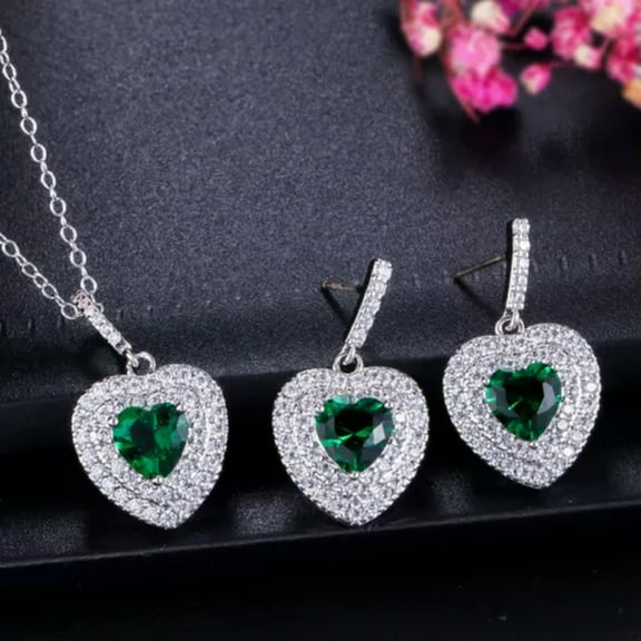 Fashion Silver Plated CZ Dark Blue Love Pendant Necklace Earrings Jewelry Set