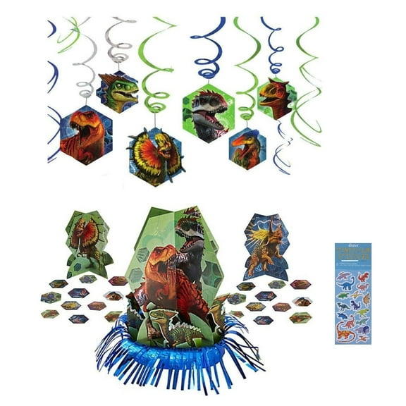 Jurassic World Birthday Party Supplies Bundle Includes 12 Piece Hanging Swirl Decorations, 23pc Table Decoration Centerpiece, 1 Dinosaur Sticker Sheet