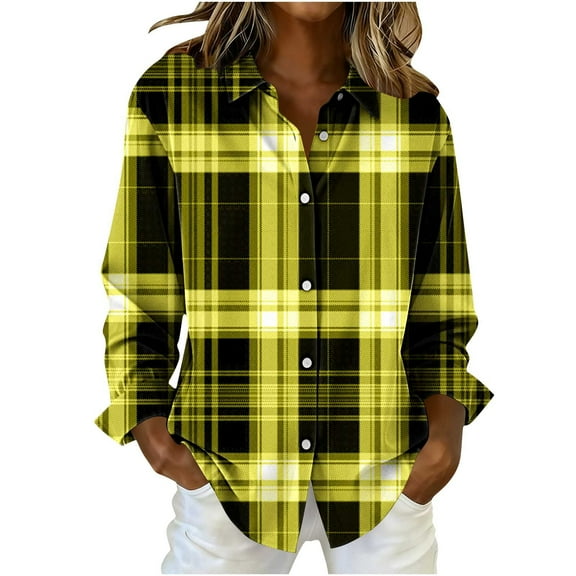 YUGYXL Women's V Neck Plaid Shirts Flannel Casual Blouses Button-Down Business Loose Tops Long Sleeve Fall Outfits Yellow Sweatshirt S