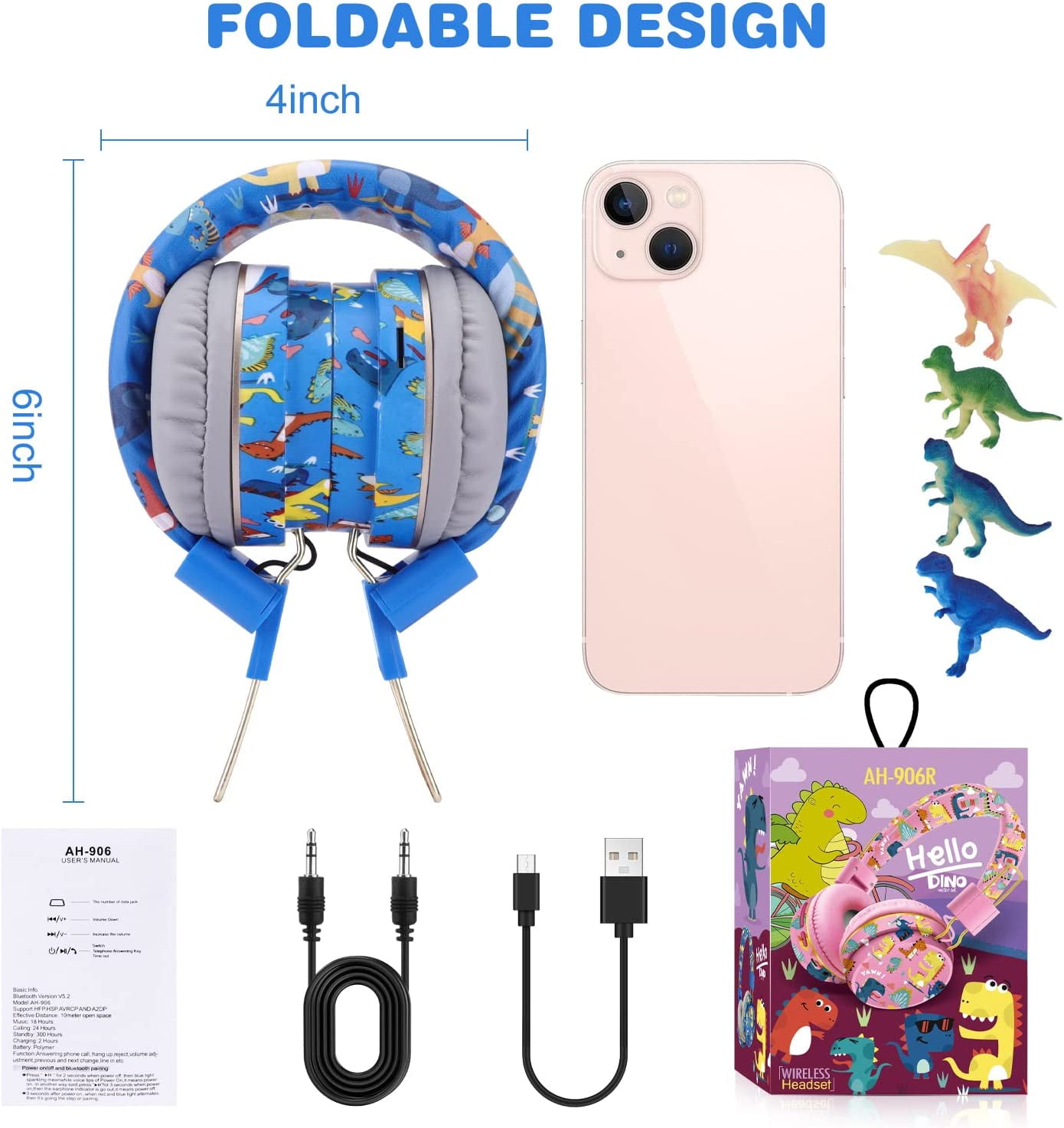 QearFun Dinosaur Headphones for Boys Kids for School, Kids Bluetooth Headphones with Microphone & 3.5mm Jack, Teens Toddlers Wireless Headphones with Adjustable Headband for Tablet/PC