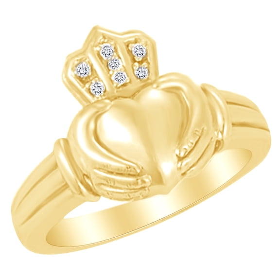 AFFY White Natural Diamond Claddagh Men's Ring in 14k Yellow Gold (0.03 Cttw) Ring Size : 4