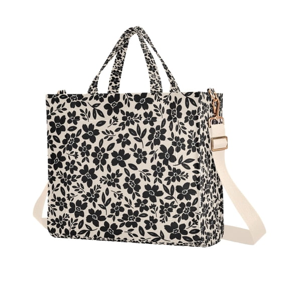 FORMRS Womens Corduroy Tote Bag Crossbody Shoulder Purse Handbag with Detachable Strap, Black Flowers Pattern