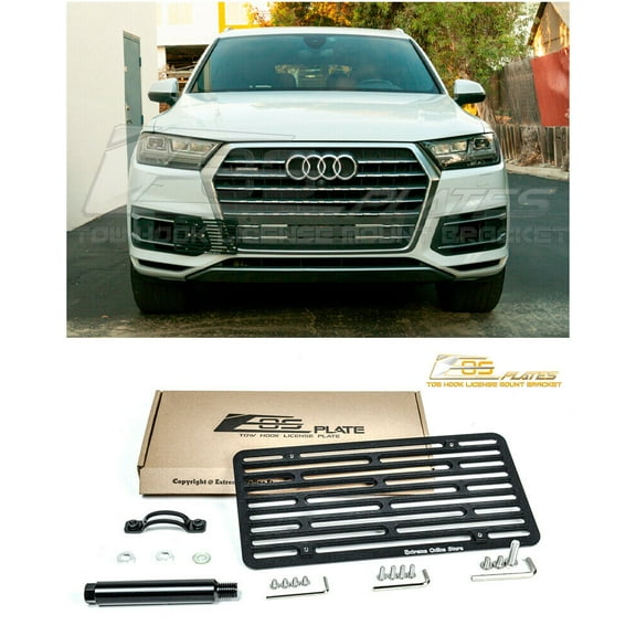Extreme Online Store Replacement for 2017-2019 Audi Q7 Models | EOS Plate Version 2 Full Sized Front Bumper Tow Hook License Plate Relocator Mount Bracket Tow-533-V2