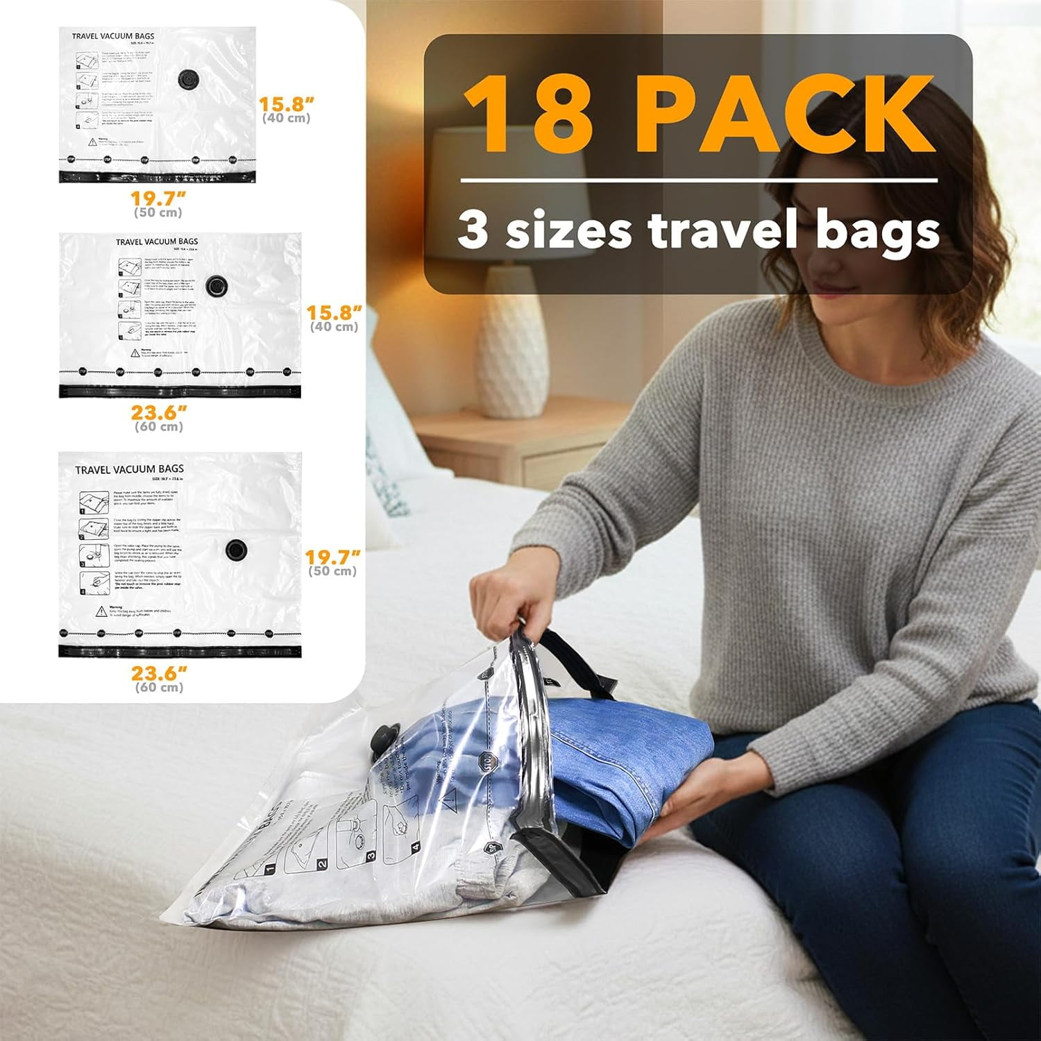 SpaceAid 18 Pack Travel Vacuum Bags for Luggage with Electric Pump, 6 Small, 6 Medium, 6 Large