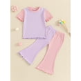 thumbnail image 5 of Yunliwuli Kid Girls Pants Set, Contrast Color Short Sleeve Crew Neck T-shirt with Flare Pants Summer Outfit, 5 of 10