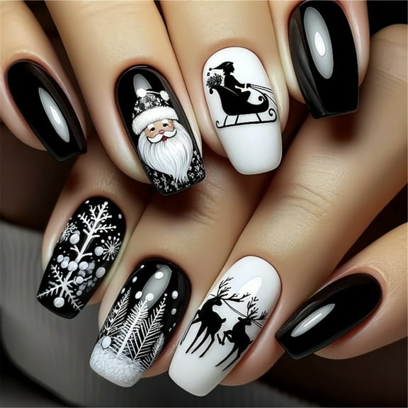 Christmas Press on Nails Coffin Winter False Nails with Tree Reindeer Designs Full Cover Christmas Stick on Nail 24Pcs