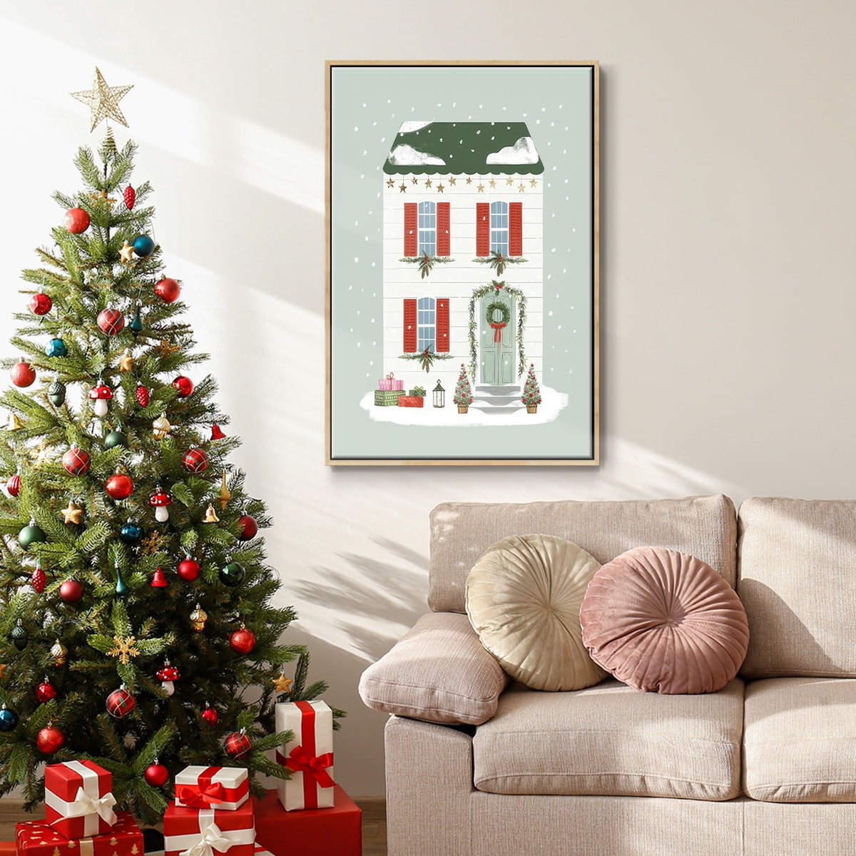 Festive Front Door IV - Framed Gallery Wrapped Holiday Canvas - 27 x 41 - Natural Wood Frame