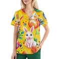 thumbnail image 2 of Black Scrubs，Womens Scrub Tops Cute Easter Print V Neck Short Sleeve Shirts Stretch Nurse Uniform Medical Scrubs with Pockets，Yellow，M, 2 of 5