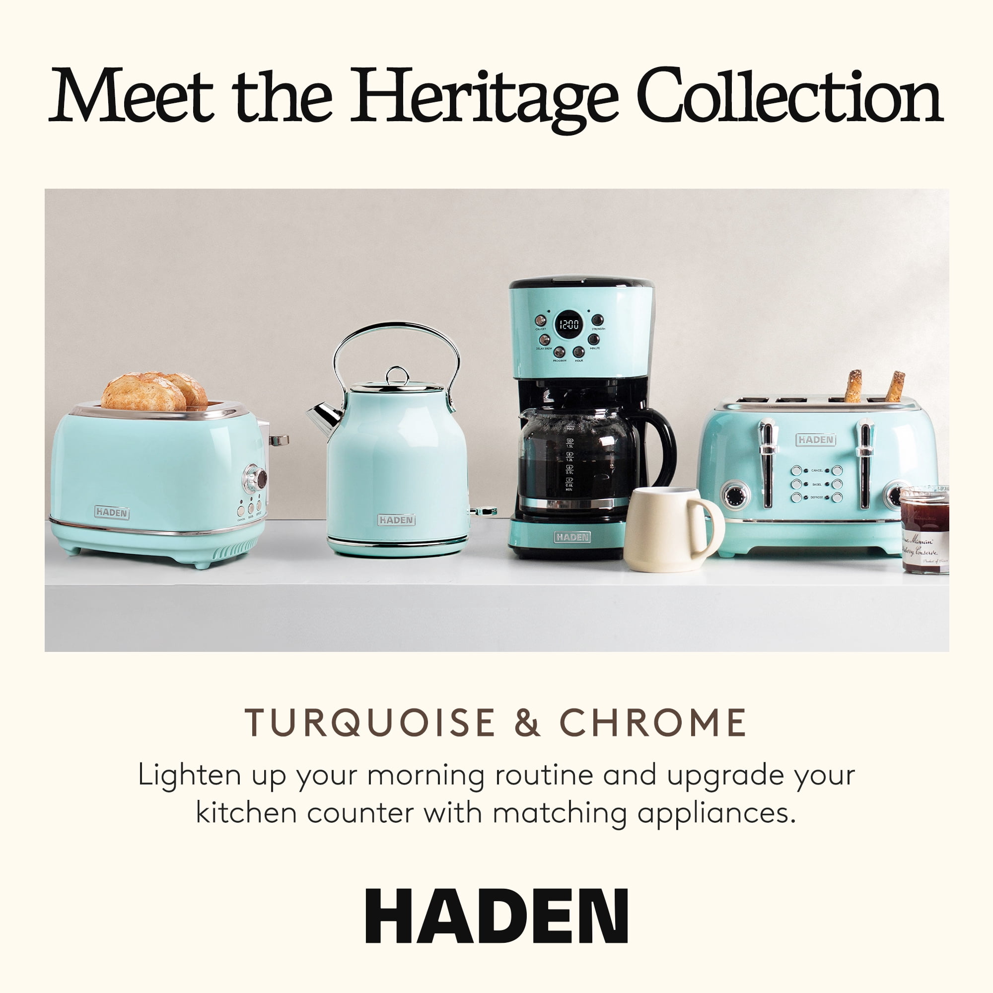 Haden Coffee Maker & Heritage 4 Slice Wide Toaster, Turquoise & Chrome