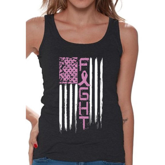 Awkward Styles Fight Breast Cancer Tank Top for Women Fight American Flag Tank Women's Pink Ribbon USA Flag Sleeveless Shirt Breast Cancer Awareness Tank Top Gifts for Cancer Survivor Pink Gifts
