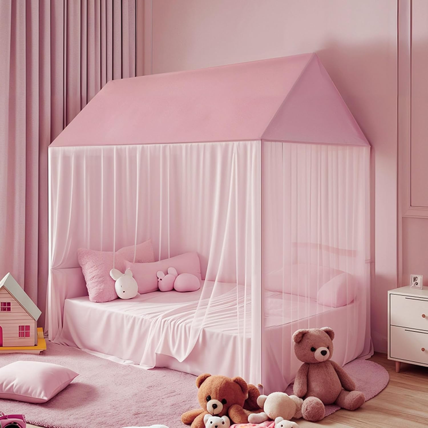 Princess Bed Canopy for Girls - Pink Bed Canopy Princess Castle Dreamy Playhouse Mosquito Net Reading Nook Canopies Play Tent Canopy Bed Curtains for Kids Room(Twin,Pink)
