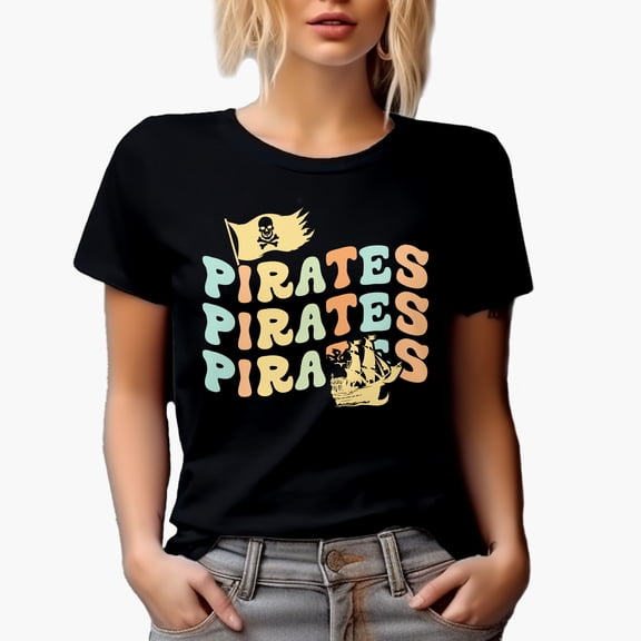 Pirates with Ship, Fiction Inspired, Groovy Retro Wavy Text Merch Gift, Black T-Shirt, Small