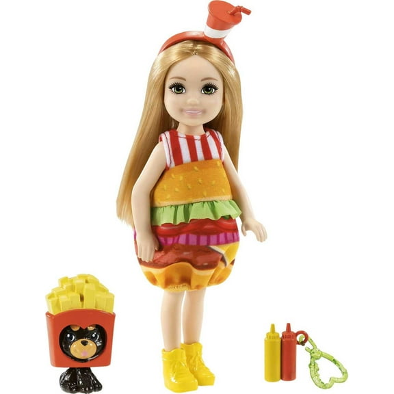 Barbie Club Chelsea Dress-Up Doll (6-inch) in Burger Costume, for 3 to 7 Year Olds