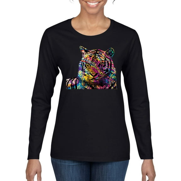 Wild Bobby Colorful Rainbow Siberian Tiger Animal Lover Women Graphic Long Sleeve Tee, Red, Medium