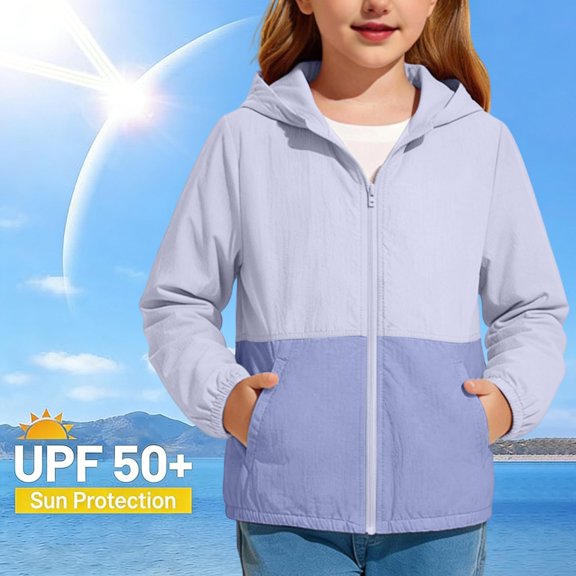 Dwellite Girls Zip Up Hooded Jacket Lightweight Casual Summer Color Block Sun Jackets with Pockets 5-15 Years Light Blue 170