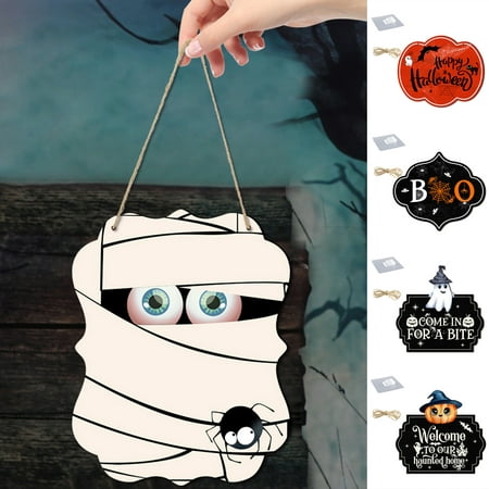 

Hopeup Halloween Pendant Pumpkin Mummy Trick Or Treat Witch Haunted House Party Decoration Happy Halloween Wooden Halloween Hanging Pendant for Porch