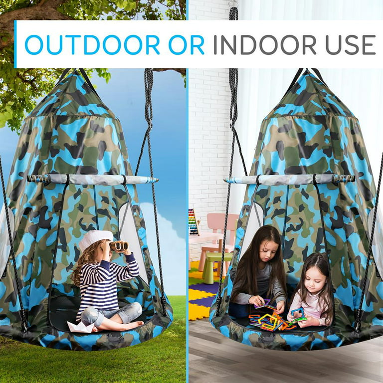 Serenelife 40 Hanging Tree Play Tent Hangout for Kids Indoor Outdoor Flying Saucer Floating Platform Swing, Cammo