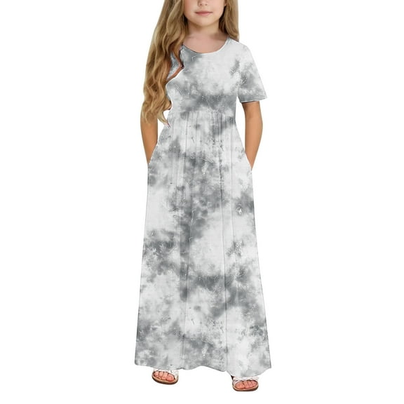 ATOGUTA Girls Dresses with Pockets Short Sleeve Floral Print Loose Casual Long Maxi Dress with Pockets Gray, Size 4-14 Years