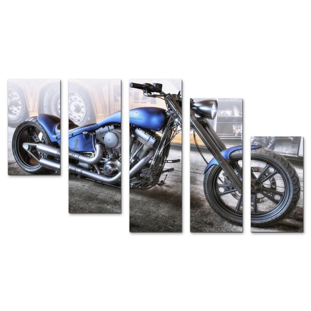 Juego de Cuadros Decorativos, Motocicleta Custom Azul tipo Chopper, Estilo Biker y Urbano, 5 Piezas, Ideal para Garajes y Bares, 150x80cm