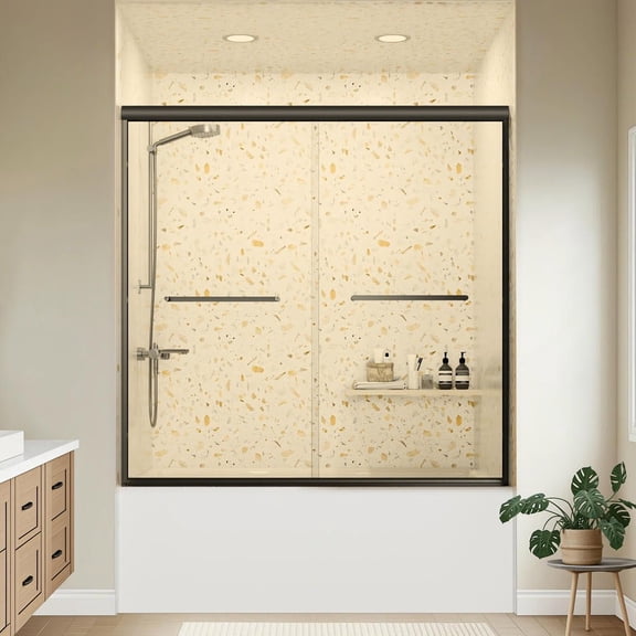 Resenkos Adjustable Bypass Bathtub Door, 60x59 Inches, Matte Black Frame with Tempered Glass