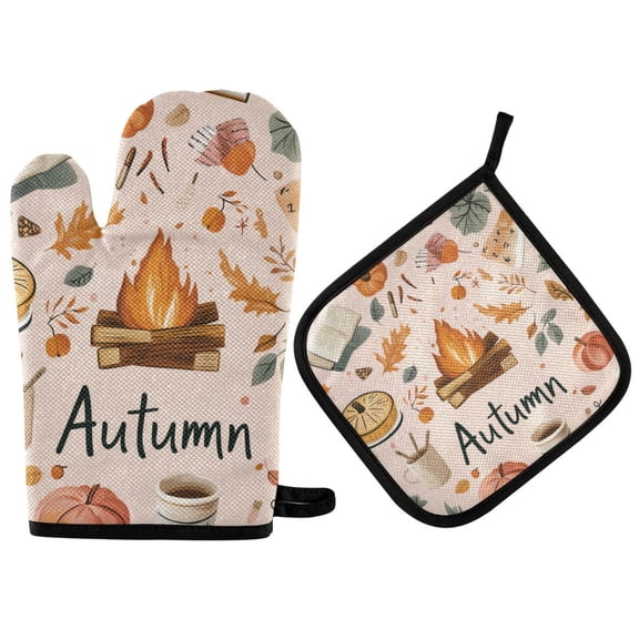 Yayeee Oven Mitts and Pot Holder Set of 2 Heat Resistant Kitchen Gloves Baking Hot Pad, Campfire Pattern