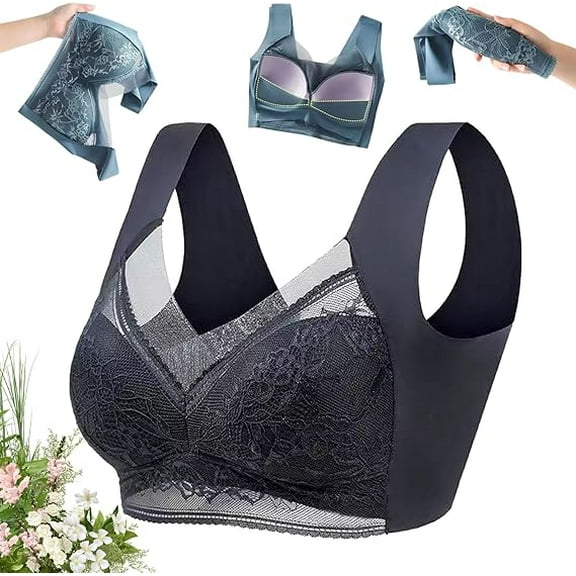 Jeadora Bras for Older Women,Lace's Large-Sized Vest Without Steel Rims,Push Up Posture Correcting Wireless Seamless（Black,Large）