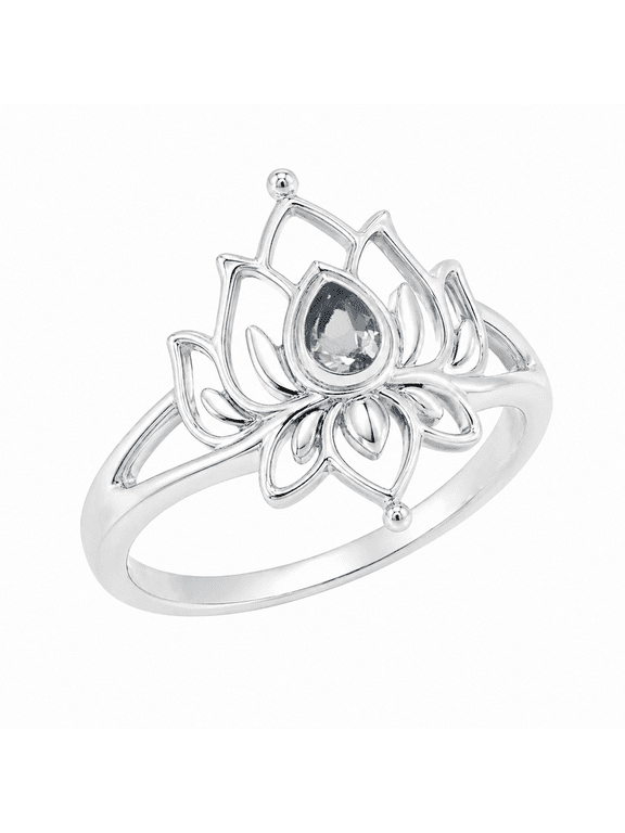 Earth Gems Jewelry Blue Topaz Lotus Ring for Women, 925 Sterling Silver Floral Statement Ring